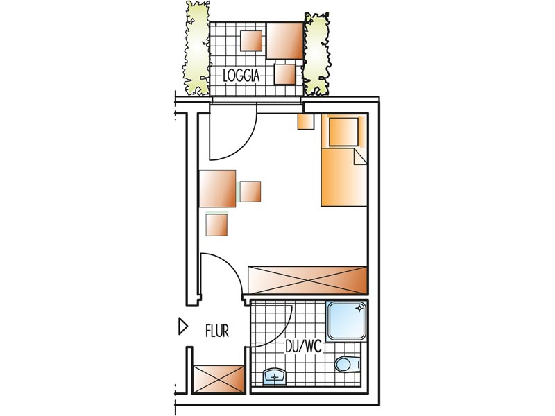 Einzelzimmer (Balkon/Terrasse) - Grundriss